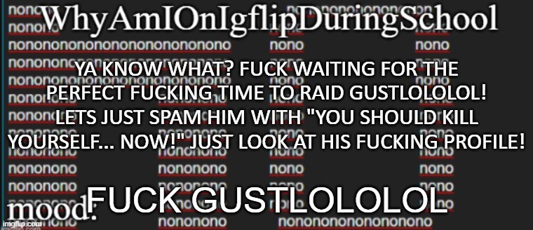 E | YA KNOW WHAT? FUCK WAITING FOR THE PERFECT FUCKING TIME TO RAID GUSTLOLOLOL! LETS JUST SPAM HIM WITH "YOU SHOULD KILL YOURSELF... NOW!" JUST LOOK AT HIS FUCKING PROFILE! FUCK GUSTLOLOLOL | image tagged in whyamionimgflipduringschool | made w/ Imgflip meme maker
