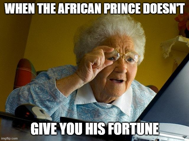 Grandma Finds The Internet |  WHEN THE AFRICAN PRINCE DOESN'T; GIVE YOU HIS FORTUNE | image tagged in memes,grandma finds the internet,scammers,internet scam | made w/ Imgflip meme maker