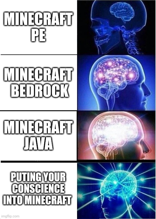 Expanding Brain Meme | MINECRAFT PE; MINECRAFT  BEDROCK; MINECRAFT JAVA; PUTING YOUR CONSCIENCE INTO MINECRAFT | image tagged in memes,expanding brain | made w/ Imgflip meme maker