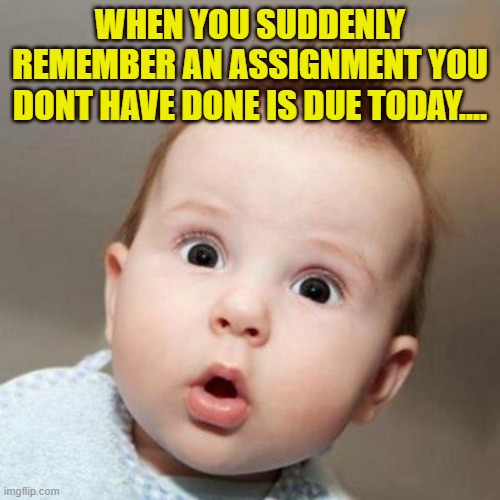 Well.... | WHEN YOU SUDDENLY REMEMBER AN ASSIGNMENT YOU DONT HAVE DONE IS DUE TODAY.... | image tagged in school meme | made w/ Imgflip meme maker