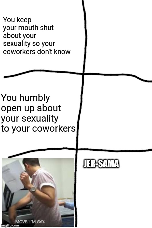Repost Challenge! | You keep your mouth shut about your sexuality so your coworkers don't know; You humbly open up about your sexuality to your coworkers; JER-SAMA | image tagged in move i'm gay,lgbtq,memes,repost | made w/ Imgflip meme maker