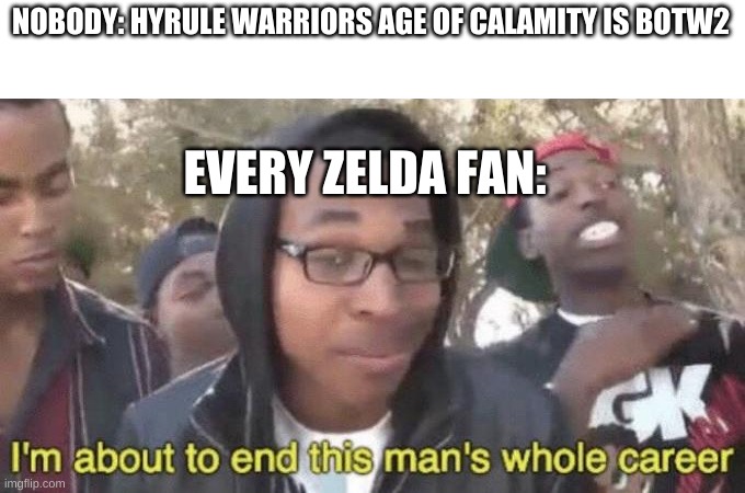 NOT BOTW2 | NOBODY: HYRULE WARRIORS AGE OF CALAMITY IS BOTW2; EVERY ZELDA FAN: | image tagged in i m about to end this man s whole career | made w/ Imgflip meme maker