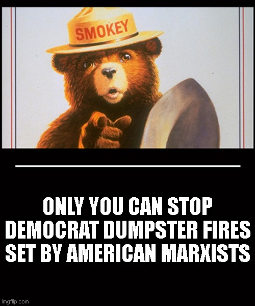 ONLY YOU CAN STOP
DEMOCRAT DUMPSTER FIRES
SET BY AMERICAN MARXISTS | made w/ Imgflip meme maker