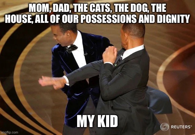 Will Smith punching Chris Rock | MOM, DAD, THE CATS, THE DOG, THE HOUSE, ALL OF OUR POSSESSIONS AND DIGNITY; MY KID | image tagged in will smith punching chris rock | made w/ Imgflip meme maker