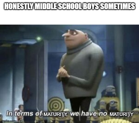 im not sexist dont come for me | HONESTLY MIDDLE SCHOOL BOYS SOMETIMES; MATURITY; MATURITY | image tagged in in term of we have no | made w/ Imgflip meme maker