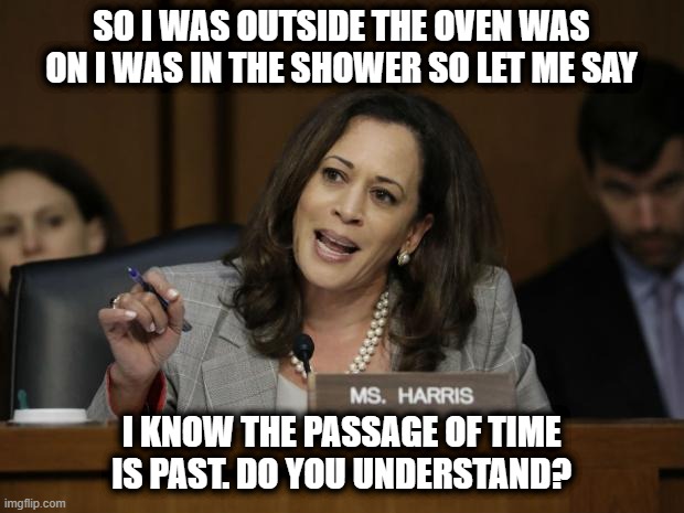 Kamala Harris |  SO I WAS OUTSIDE THE OVEN WAS ON I WAS IN THE SHOWER SO LET ME SAY; I KNOW THE PASSAGE OF TIME IS PAST. DO YOU UNDERSTAND? | image tagged in kamala harris | made w/ Imgflip meme maker