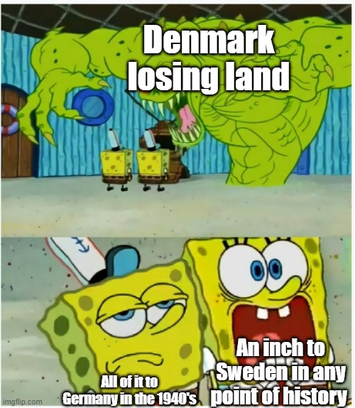Their hate relationship has been like that until the late 1900's | Denmark losing land; An inch to Sweden in any point of history; All of it to Germany in the 1940's | image tagged in spongebob squarepants scared but also not scared | made w/ Imgflip meme maker
