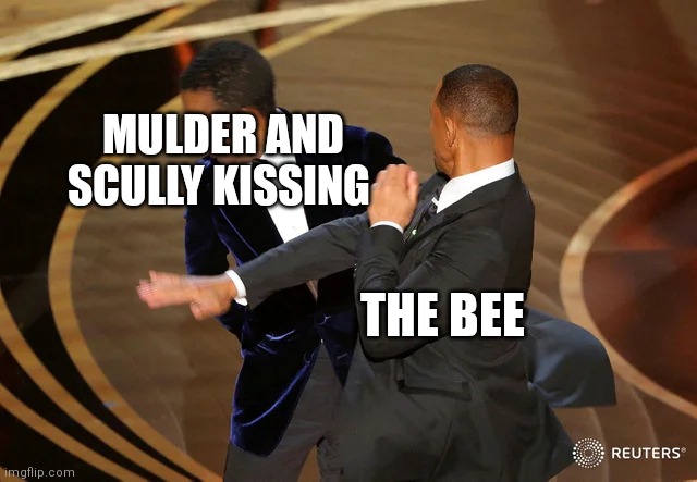 Mulder and Scully versus the bee |  MULDER AND SCULLY KISSING; THE BEE | image tagged in will smith punching chris rock,x files,fox mulder the x files | made w/ Imgflip meme maker