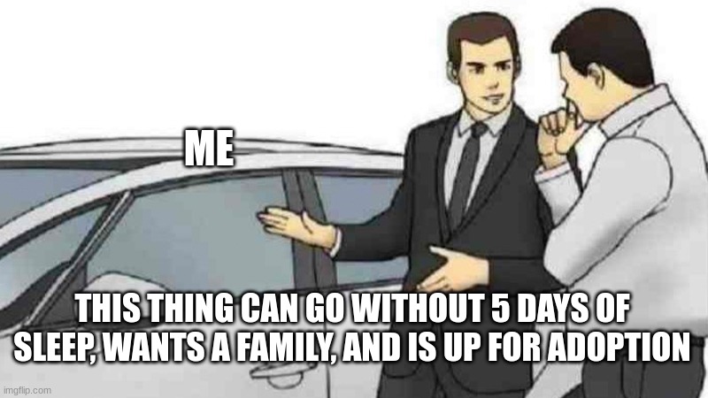 Pls |  ME; THIS THING CAN GO WITHOUT 5 DAYS OF SLEEP, WANTS A FAMILY, AND IS UP FOR ADOPTION | image tagged in memes,car salesman slaps roof of car | made w/ Imgflip meme maker