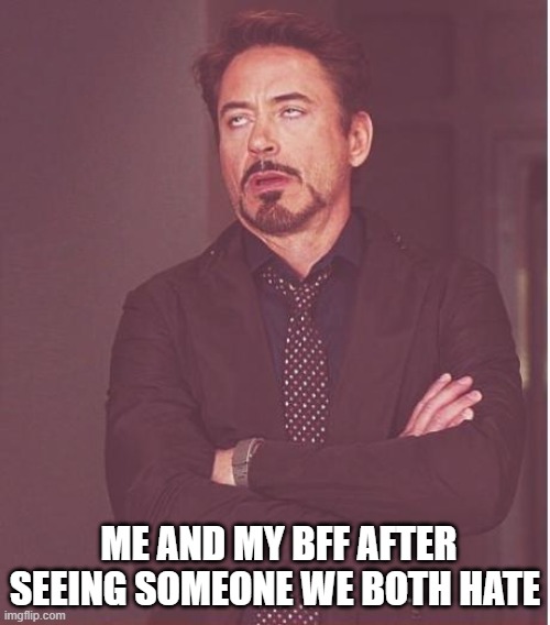 Face You Make Robert Downey Jr | ME AND MY BFF AFTER SEEING SOMEONE WE BOTH HATE | image tagged in memes,face you make robert downey jr | made w/ Imgflip meme maker