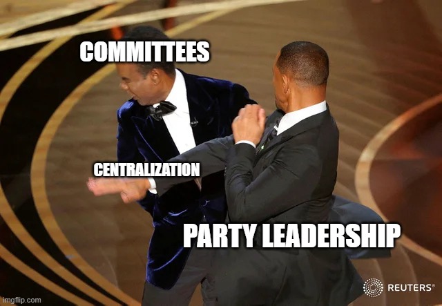 Centralization in Congress | COMMITTEES; CENTRALIZATION; PARTY LEADERSHIP | image tagged in will smith punching chris rock,congress | made w/ Imgflip meme maker