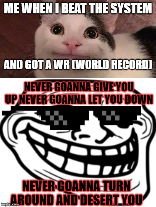 When You  Beat     The                System | ME WHEN I BEAT THE SYSTEM; AND GOT A WR (WORLD RECORD); NEVER GOANNA GIVE YOU UP NEVER GOANNA LET YOU DOWN; NEVER GOANNA TURN AROUND AND DESERT YOU | image tagged in troll | made w/ Imgflip meme maker