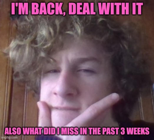 Lip bite | I'M BACK, DEAL WITH IT; ALSO WHAT DID I MISS IN THE PAST 3 WEEKS | image tagged in lip bite | made w/ Imgflip meme maker