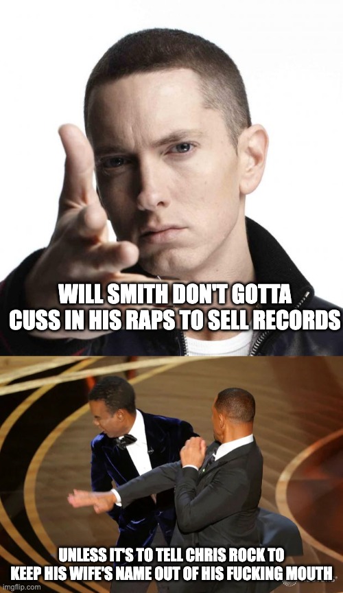 Will Shady | WILL SMITH DON'T GOTTA CUSS IN HIS RAPS TO SELL RECORDS; UNLESS IT'S TO TELL CHRIS ROCK TO KEEP HIS WIFE'S NAME OUT OF HIS FUCKING MOUTH | image tagged in eminem video game logic,will smith punching chris rock | made w/ Imgflip meme maker