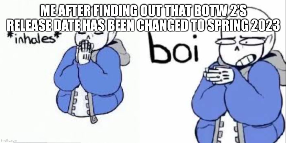 I is sad :< | ME AFTER FINDING OUT THAT BOTW 2’S RELEASE DATE HAS BEEN CHANGED TO SPRING 2023 | image tagged in inhale boi sans | made w/ Imgflip meme maker