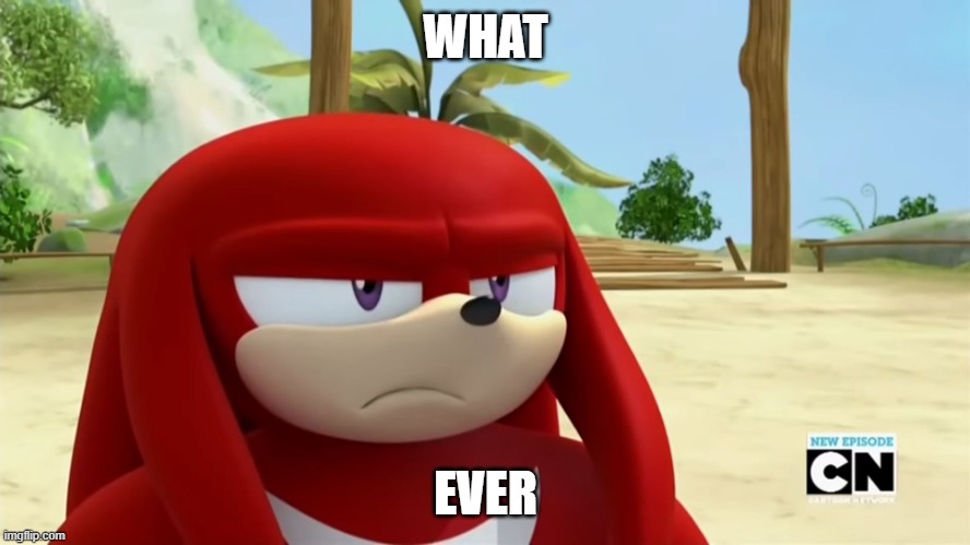 knukcles views!!!!!!!!!!!!!!!! | WHAT; EVER | image tagged in knuckles is not impressed - sonic boom | made w/ Imgflip meme maker