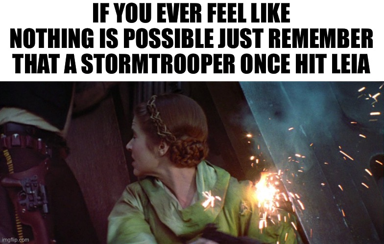 IF YOU EVER FEEL LIKE NOTHING IS POSSIBLE JUST REMEMBER THAT A STORMTROOPER ONCE HIT LEIA | image tagged in memes,funny,funny memes,star wars,stormtrooper,star wars meme | made w/ Imgflip meme maker