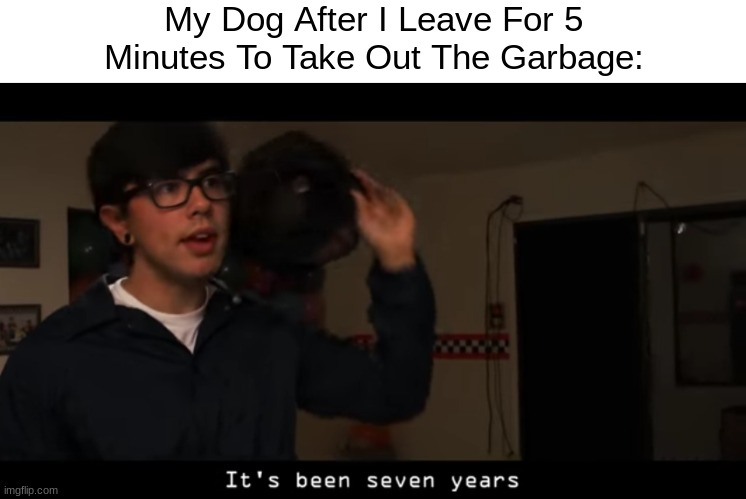 True Tho.. | My Dog After I Leave For 5 Minutes To Take Out The Garbage: | image tagged in fnaf,fnaf the musical,meme,natewantstobattle | made w/ Imgflip meme maker