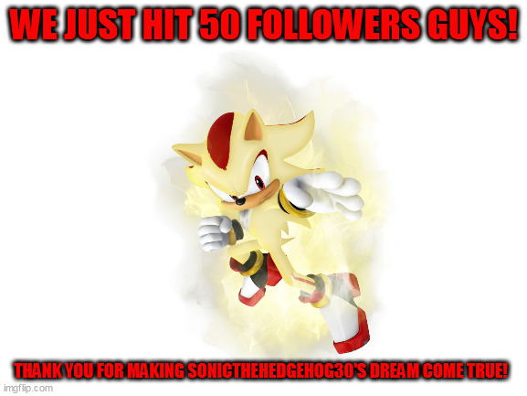Sonic was waiting for this.  Thank you for making his dream possible. |  WE JUST HIT 50 FOLLOWERS GUYS! THANK YOU FOR MAKING SONICTHEHEDGEHOG30'S DREAM COME TRUE! | image tagged in sonic,thank you,sonic's dream,oh wow are you actually reading these tags | made w/ Imgflip meme maker