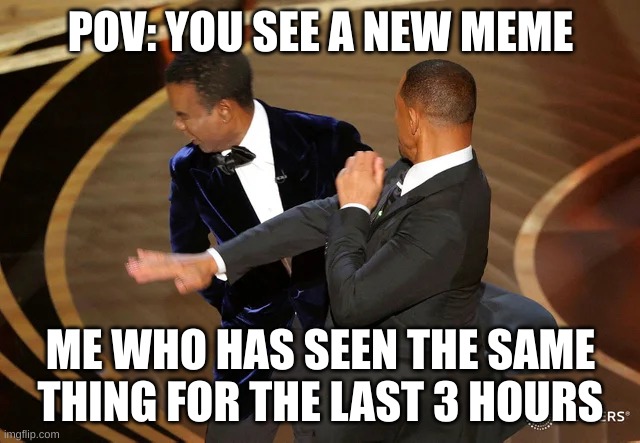 b o b | POV: YOU SEE A NEW MEME; ME WHO HAS SEEN THE SAME THING FOR THE LAST 3 HOURS | image tagged in will smith punching chris rock | made w/ Imgflip meme maker