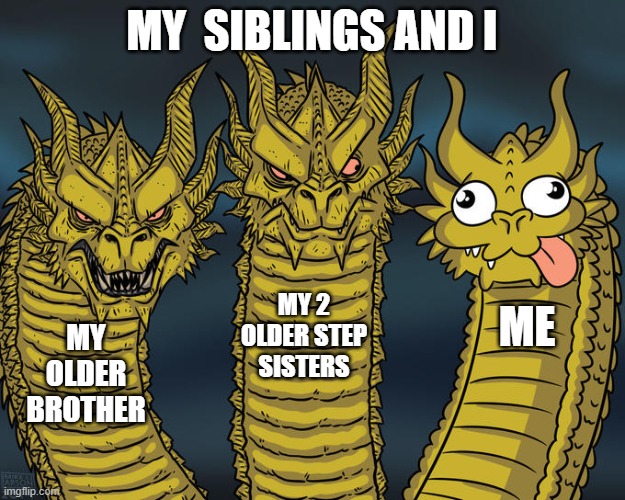 Yes, mammas proud | MY  SIBLINGS AND I; MY 2 OLDER STEP SISTERS; ME; MY OLDER BROTHER | image tagged in three-headed dragon | made w/ Imgflip meme maker