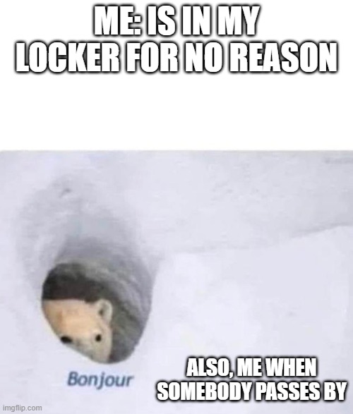 Bonjour |  ME: IS IN MY LOCKER FOR NO REASON; ALSO, ME WHEN SOMEBODY PASSES BY | image tagged in bonjour | made w/ Imgflip meme maker