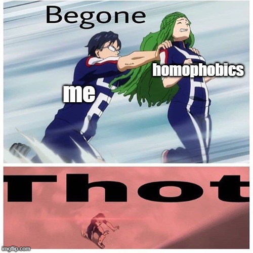 I have a 2 homophobic friends and I pushed them down the stairs (That was a lie but I do have 2 homophobic friends) | homophobics; me | image tagged in iida be gone thot,mha,lgbtq,memes | made w/ Imgflip meme maker