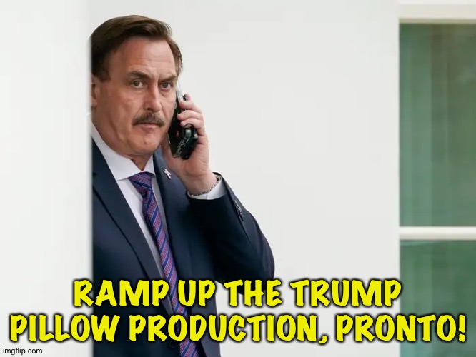 Mike Lindell Serious | RAMP UP THE TRUMP PILLOW PRODUCTION, PRONTO! | image tagged in mike lindell serious | made w/ Imgflip meme maker