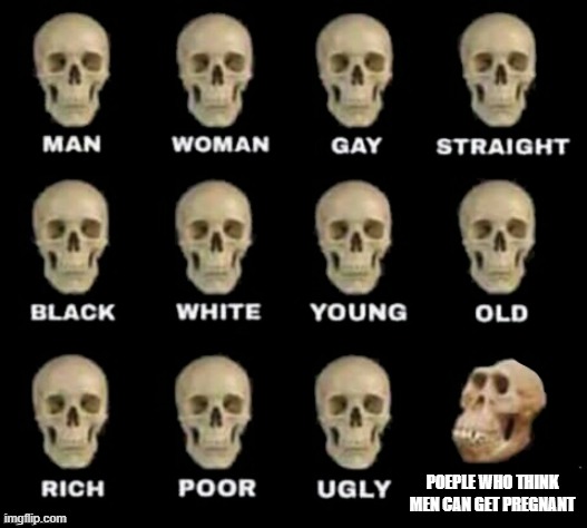 idiot skull | POEPLE WHO THINK MEN CAN GET PREGNANT | image tagged in idiot skull | made w/ Imgflip meme maker