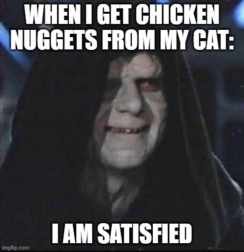 POV: You get chicken nuggets from your cat | WHEN I GET CHICKEN NUGGETS FROM MY CAT:; I AM SATISFIED | image tagged in sith lord satisfied | made w/ Imgflip meme maker