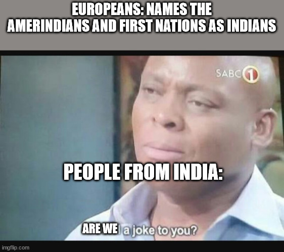 Historical Errors be like | EUROPEANS: NAMES THE AMERINDIANS AND FIRST NATIONS AS INDIANS; PEOPLE FROM INDIA:; ARE WE | image tagged in am i a joke to you | made w/ Imgflip meme maker