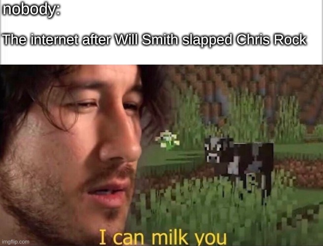 It's not really that funny of a meme | nobody:; The internet after Will Smith slapped Chris Rock | image tagged in white background,i can milk you,markiplier,spies in disguise,madagascar | made w/ Imgflip meme maker