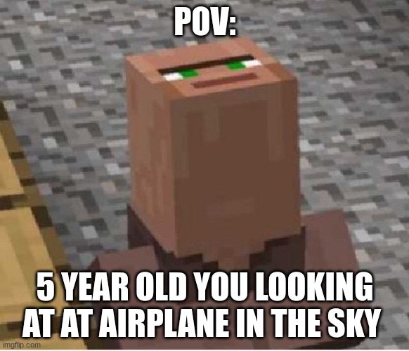 meme | POV:; 5 YEAR OLD YOU LOOKING AT AT AIRPLANE IN THE SKY | image tagged in minecraft villager looking up | made w/ Imgflip meme maker