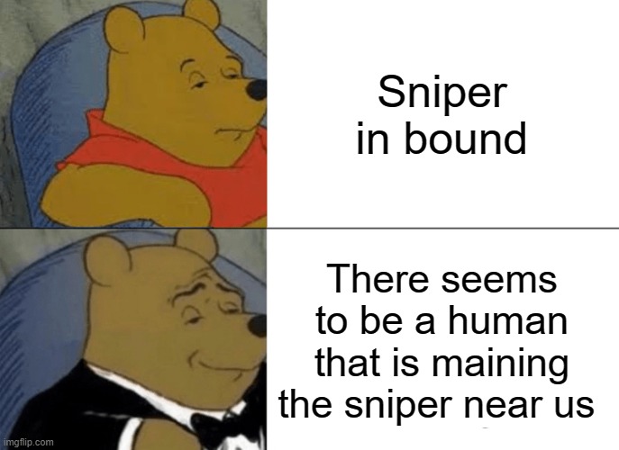 Sniper watch out | Sniper in bound; There seems to be a human that is maining the sniper near us | image tagged in memes,tuxedo winnie the pooh | made w/ Imgflip meme maker