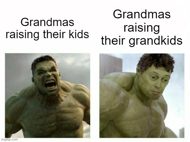 Grandmas be like | Grandmas raising their grandkids; Grandmas raising their kids | image tagged in angry hulk | made w/ Imgflip meme maker
