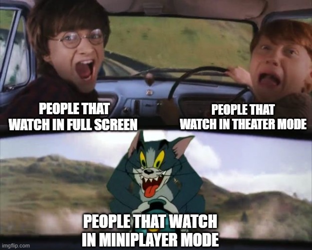 Who actually does this |  PEOPLE THAT WATCH IN THEATER MODE; PEOPLE THAT WATCH IN FULL SCREEN; PEOPLE THAT WATCH IN MINIPLAYER MODE | image tagged in tom chasing harry and ron weasly,funny,memes | made w/ Imgflip meme maker