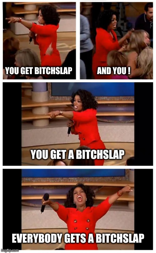 Sometimes You Just Need A Good Slap | YOU GET BITCHSLAP; AND YOU ! YOU GET A BITCHSLAP; EVERYBODY GETS A BITCHSLAP | image tagged in oprah you get a car everybody gets a car,bitch slap,oscars,fake,chris rock,slap | made w/ Imgflip meme maker