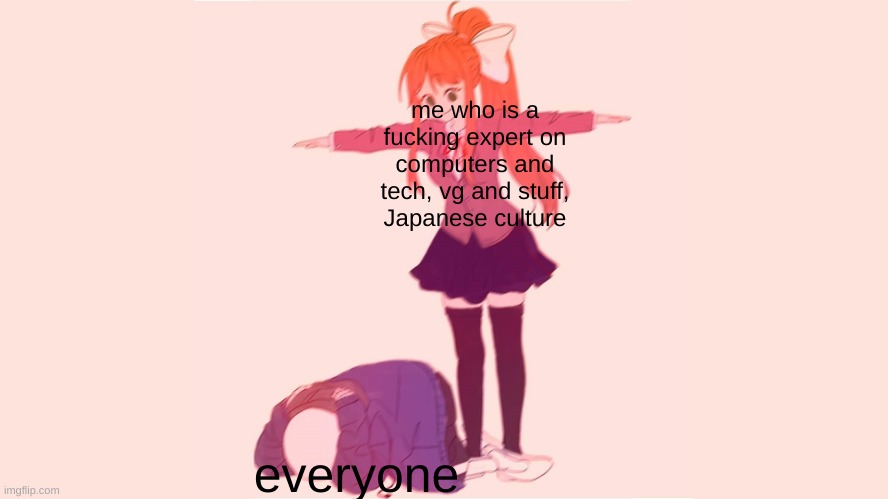 m o n i k a | me who is a fucking expert on computers and tech, vg and stuff, Japanese culture; everyone | image tagged in t p o s e | made w/ Imgflip meme maker