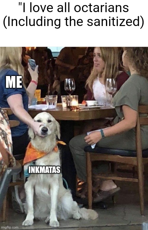 Lady holding dog mouth closed | "I love all octarians (Including the sanitized) INKMATAS ME | image tagged in lady holding dog mouth closed | made w/ Imgflip meme maker