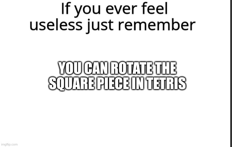If you ever feel useless remember this | YOU CAN ROTATE THE SQUARE PIECE IN TETRIS | image tagged in if you ever feel useless remember this | made w/ Imgflip meme maker