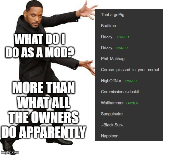 Tada Will smith | WHAT DO I DO AS A MOD? MORE THAN WHAT ALL THE OWNERS DO APPARENTLY | image tagged in tada will smith | made w/ Imgflip meme maker