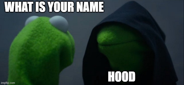 Evil Kermit | WHAT IS YOUR NAME; HOOD | image tagged in memes,evil kermit | made w/ Imgflip meme maker