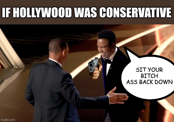 The left has no idea what normalizing violence will cost them | IF HOLLYWOOD WAS CONSERVATIVE; SIT YOUR BITCH ASS BACK DOWN | image tagged in self defense | made w/ Imgflip meme maker