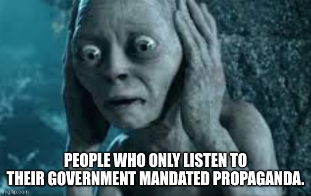 Gollum Not Listening | PEOPLE WHO ONLY LISTEN TO THEIR GOVERNMENT MANDATED PROPAGANDA. | image tagged in gollum not listening | made w/ Imgflip meme maker