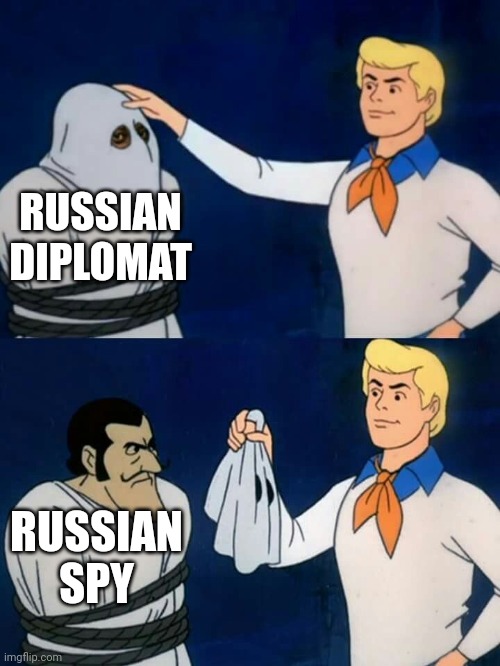 Scooby doo mask reveal | RUSSIAN DIPLOMAT; RUSSIAN SPY | image tagged in scooby doo mask reveal | made w/ Imgflip meme maker