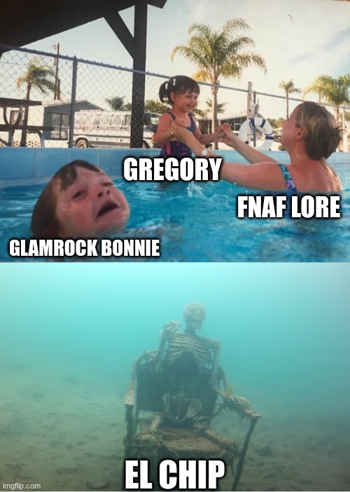 Swimming Pool Kids | GREGORY; FNAF LORE; GLAMROCK BONNIE; EL CHIP | image tagged in swimming pool kids | made w/ Imgflip meme maker