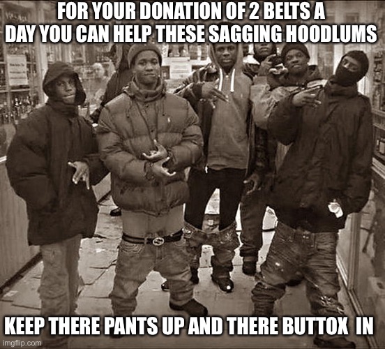 Hoodlums | FOR YOUR DONATION OF 2 BELTS A DAY YOU CAN HELP THESE SAGGING HOODLUMS; KEEP THERE PANTS UP AND THERE BUTTOX  IN | image tagged in hood | made w/ Imgflip meme maker