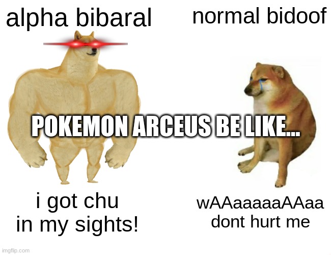 insert oringanal title_69 | alpha bibaral; normal bidoof; POKEMON ARCEUS BE LIKE... i got chu in my sights! wAAaaaaaAAaa dont hurt me | image tagged in memes,buff doge vs cheems | made w/ Imgflip meme maker