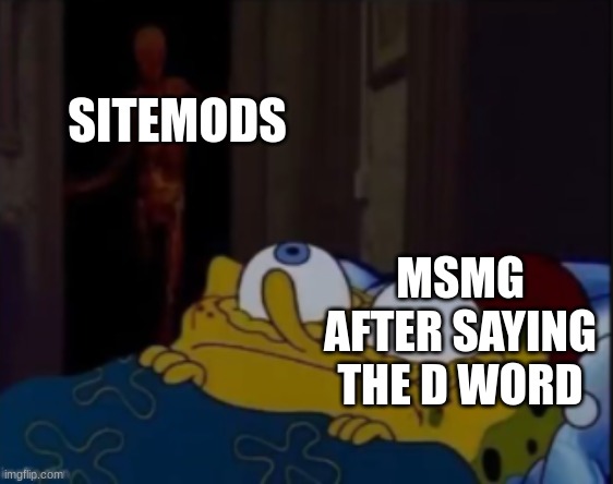 spongebob trying to sleep | SITEMODS; MSMG AFTER SAYING THE D WORD | image tagged in spongebob trying to sleep | made w/ Imgflip meme maker