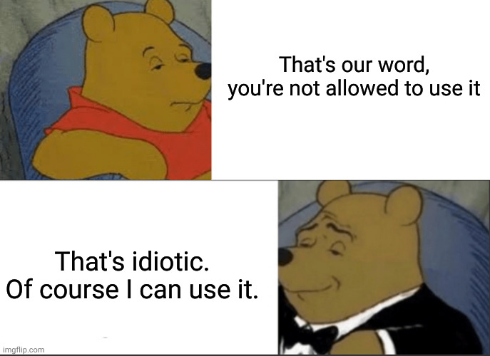 Lexicon | That's our word,
you're not allowed to use it; That's idiotic.
Of course I can use it. | image tagged in memes,tuxedo winnie the pooh | made w/ Imgflip meme maker